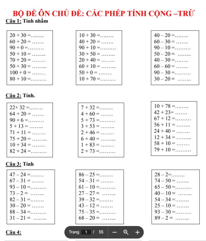 Bài tập CƠ BẢN VÀ NÂNG CAO theo chủ đề Toán 2